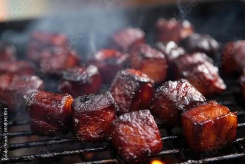 close-up of smoked bbq burnt ends on a grill