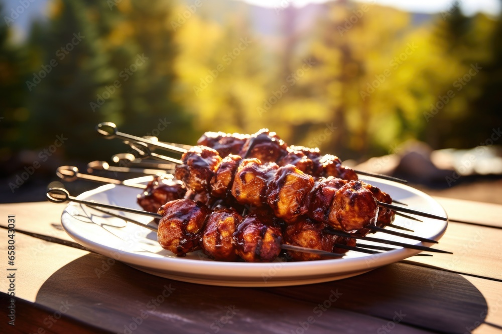 sunlit image of bbq meatball skewers on an outdoor table