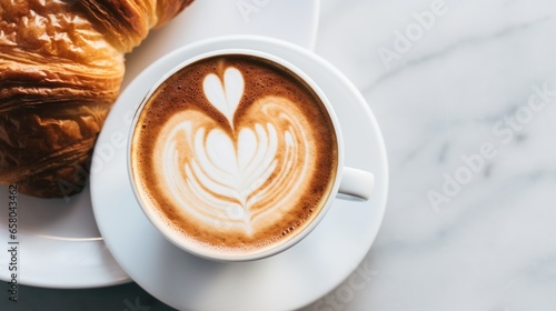 A stunning overhead shot of a cappuccino with a perfect foam heart, set on a marble table with a croissant on the side, focusing on the arrangement and natural light. photo