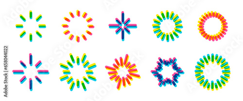 Starburst icon set in trendy riso graph print texture style. Sunbursts, explosion effects, bright firework