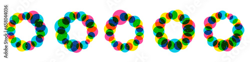 Circle frame collection with round shapes in trendy riso graph print texture style. Colorful art