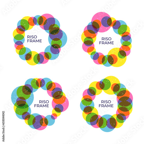 Circle frame collection with round shapes in trendy riso graph print texture style. Colorful art