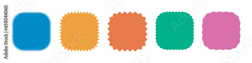 Zigzag edge rounded square shapes collection. Colorful Jagged sticker or stamp set with wavy edges