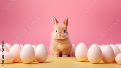 Generative AI one small red rabbit with eggs on a pink minimalistic studio background. Charming pet rodent. Front view portrait. Easter bunny concept. © Nikolai
