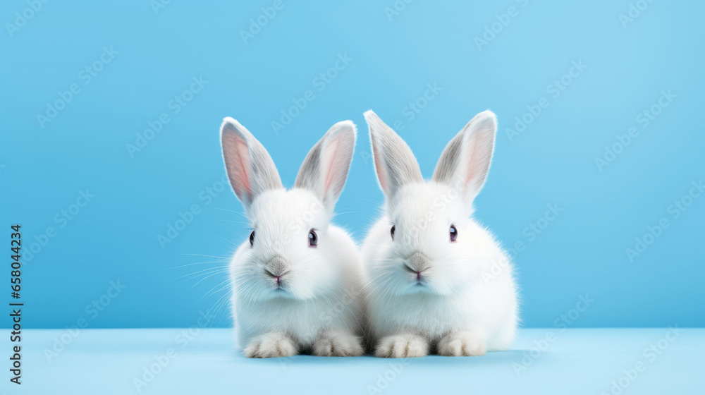 Generative AI two small white rabbits on a blue minimalistic studio background. Charming pet rodent. Front view portrait. Easter bunny concept. Generative AI two small white rabbits on a blue minimalistic studio background. Charming pet rodent. Front view portrait. Easter bunny concept.