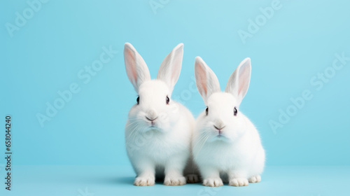 Generative AI two small white rabbits on a blue minimalistic studio background. Charming pet rodent. Front view portrait. Easter bunny concept.