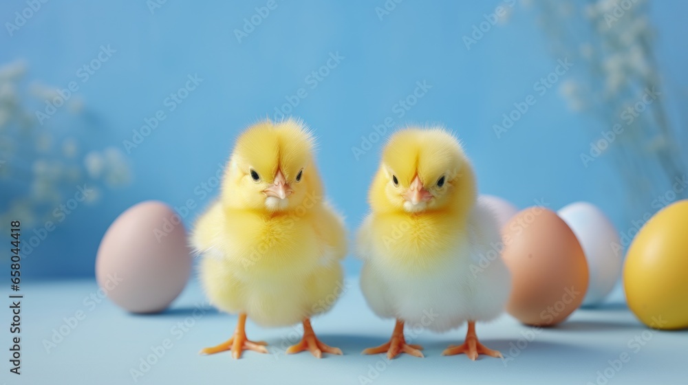 Generative AI Easter concept. Two charming little yellow chickens among Easter eggs and flowers. A greeting card. Blue background.