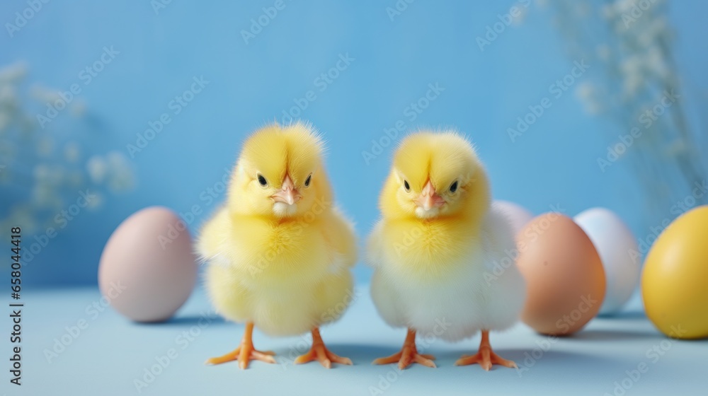Generative AI Easter concept. Two charming little yellow chickens among Easter eggs and flowers. A greeting card. Blue background. Generative AI Easter concept. Two charming little yellow chickens among Easter eggs and flowers. A greeting card. Blue background.