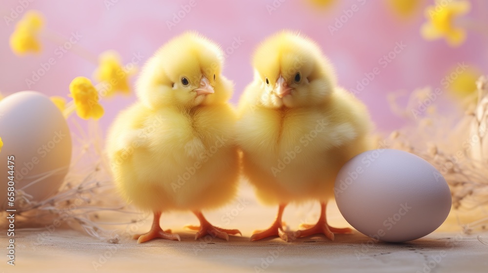 Generative AI Easter concept. Two charming little yellow chickens among Easter eggs and flowers. A greeting card. Pink background Generative AI Easter concept. Two charming little yellow chickens among Easter eggs and flowers. A greeting card. Pink background