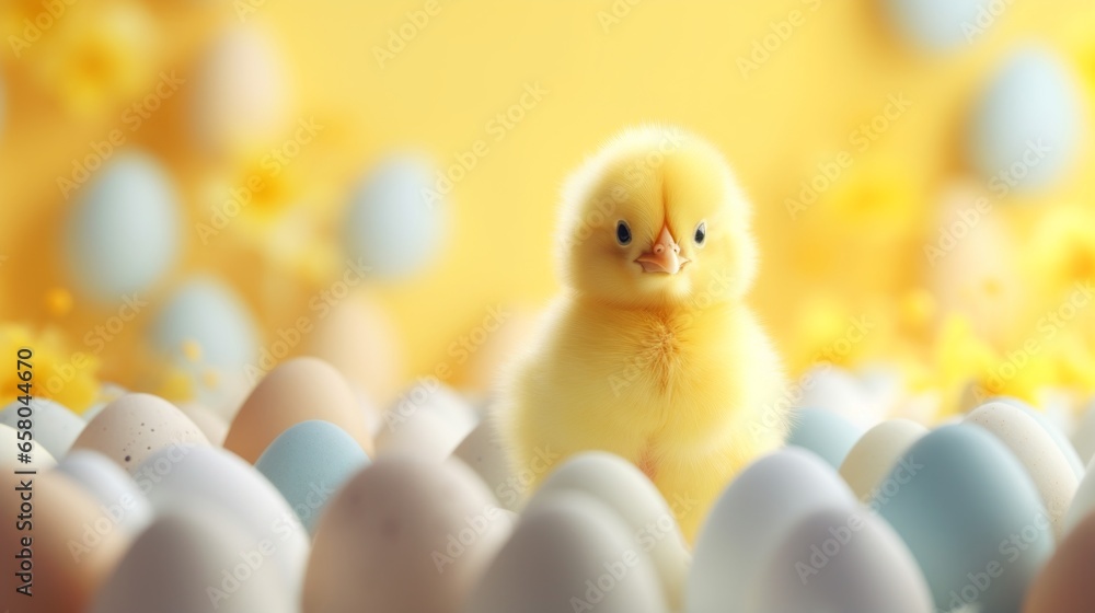 Generative AI Easter concept. A charming little yellow chicken among Easter eggs. A greeting card. Yellow background.