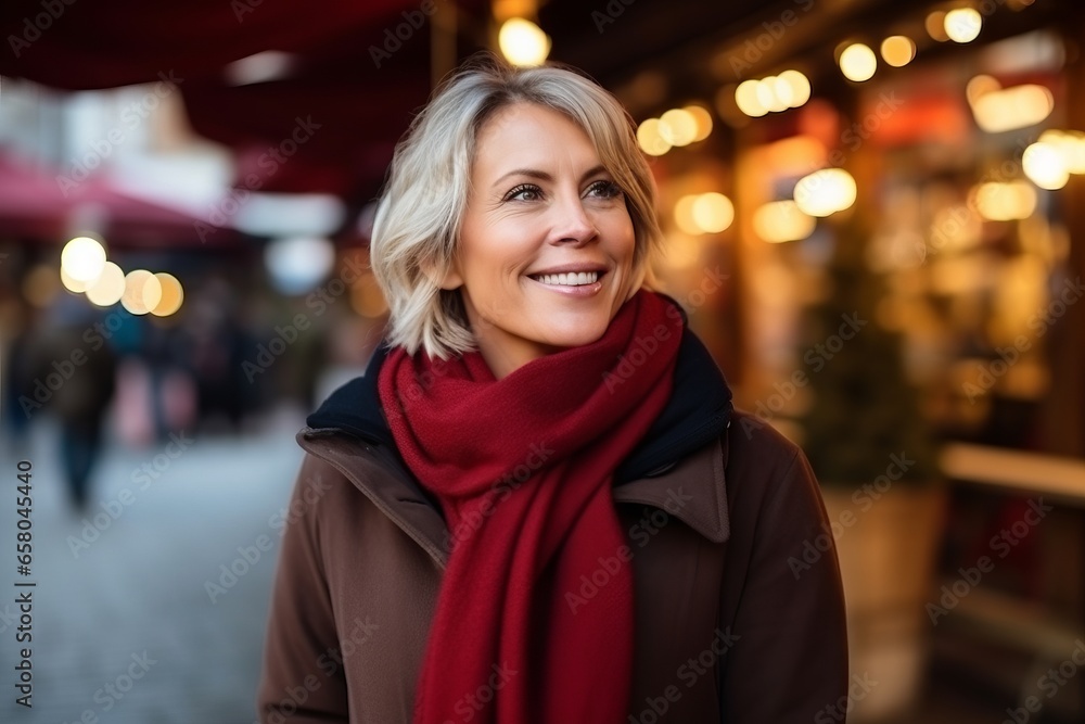 Portrait of a happy senior woman with red scarf at Christmas market Portrait of a happy senior woman with red scarf at Christmas market
