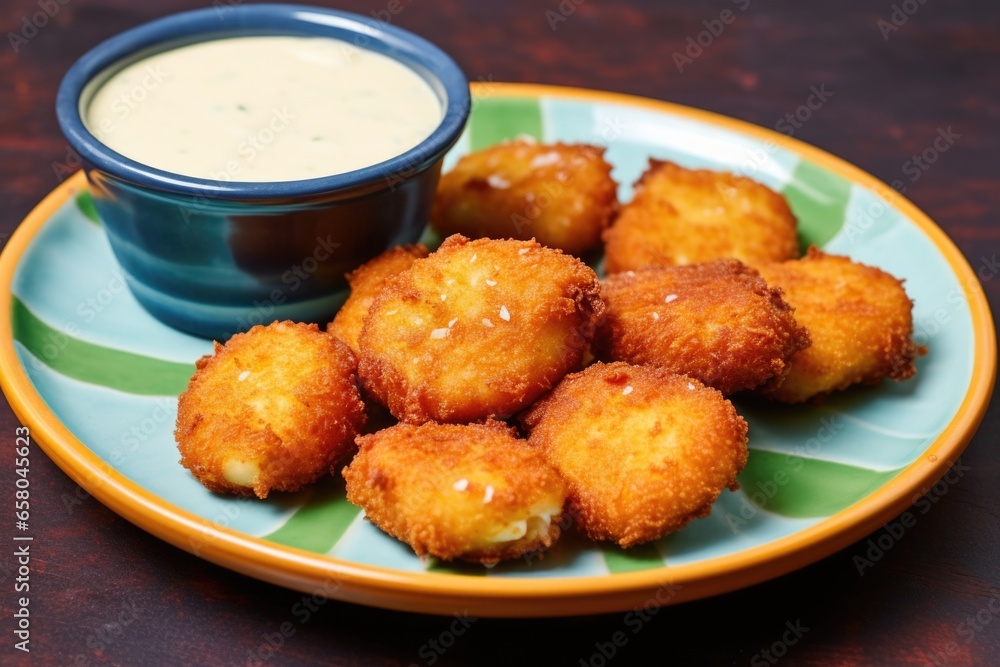 nuggets with a dollop of mayo on a teal plate