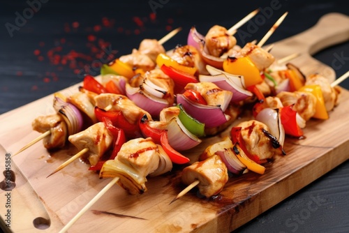 a pile of pre-cooked chicken skewers on a clean chopping board