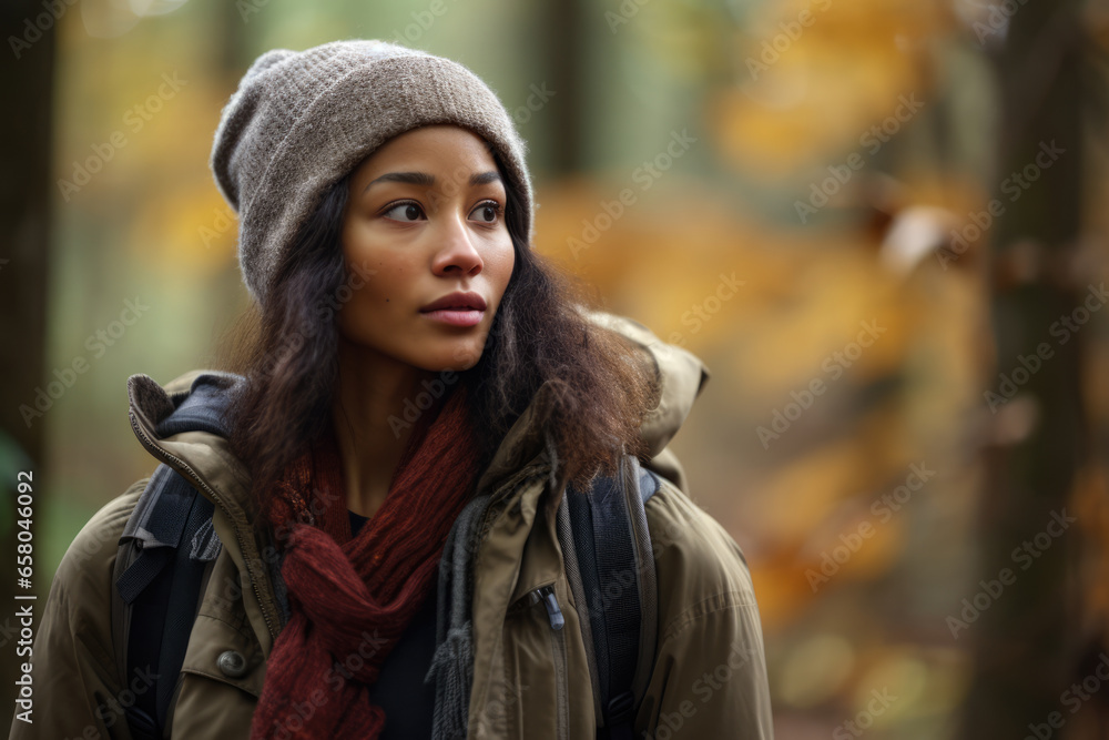Multiethnic woman enjoying autumn in the woods