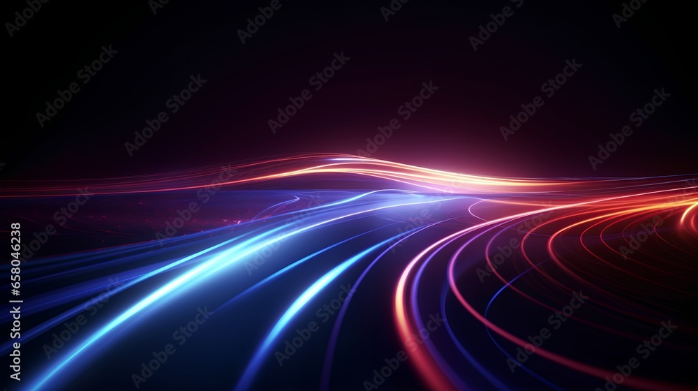 Data speed lines on a dark background, representing the concept of optical cables and high internet speed. Lines of light symbolizing the flow of information. - obrazy, fototapety, plakaty 
