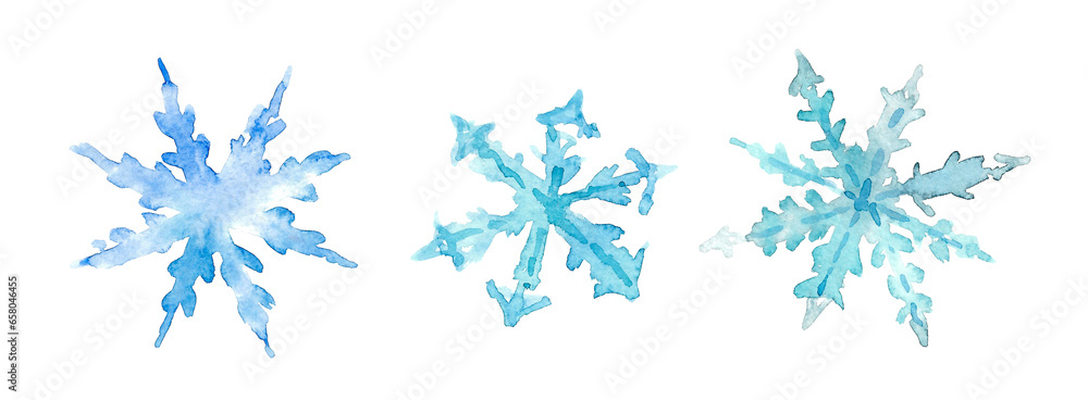 A set of three different blue snowflakes. Hand drawn watercolor illustration on white background for your design A set of three different blue snowflakes. Hand drawn watercolor illustration on white background for your design