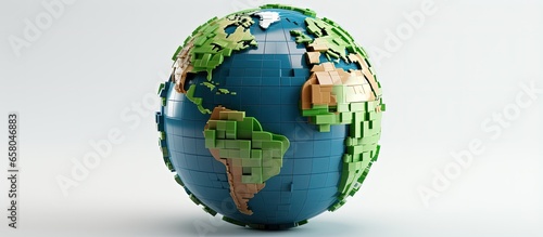 Fototapeta Naklejka Na Ścianę i Meble -  Toy brick Earth planet isolated on white background Earth day Save the planet concept