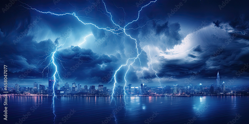Naklejka premium Lightning storm over city in blue light