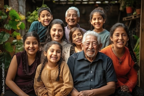 Big Mexican family together. Family photo of joyful old people, children and grandchildren. Children and grandchildren visit elderly parents. Family traditions and values. Caring for the elderly. © Anoo