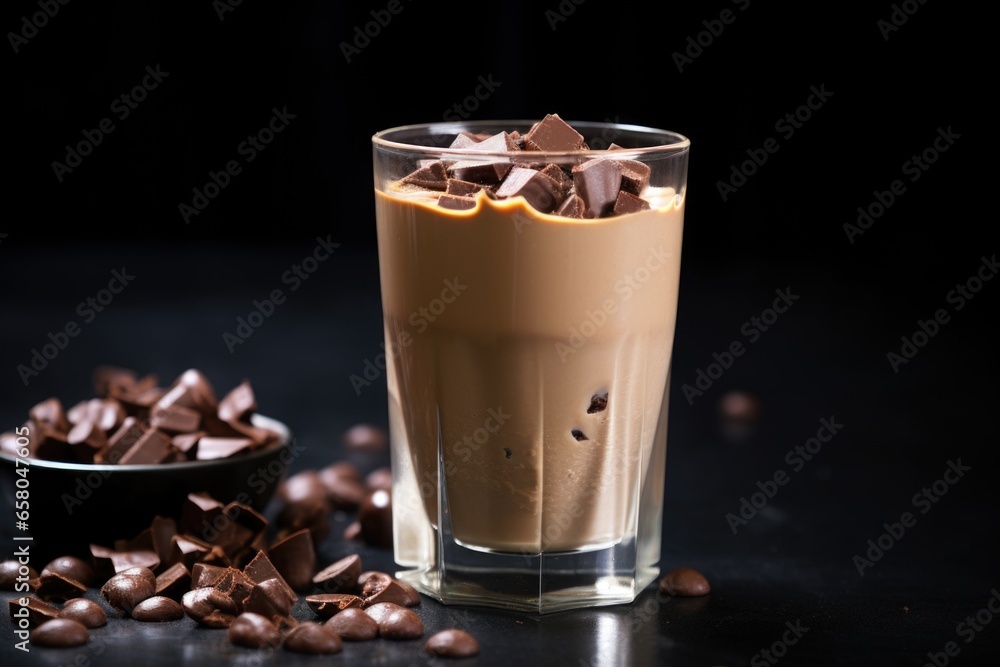 dark chocolate piece sinking in a chilled coffee shake dark chocolate piece sinking in a chilled coffee shake