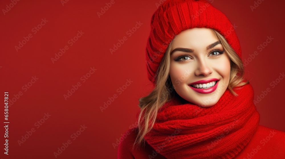 Portrait of a beautiful smiling woman in red hat and scarf on red background Portrait of a beautiful smiling woman in red hat and scarf on red background