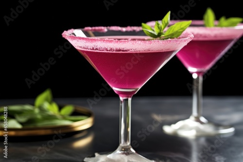 close shot of a cosmopolitan cocktail with crushed mint leaves on top