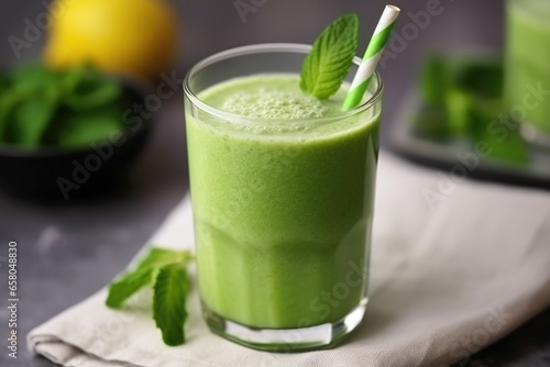 detox smoothie served with a straw and fresh mint