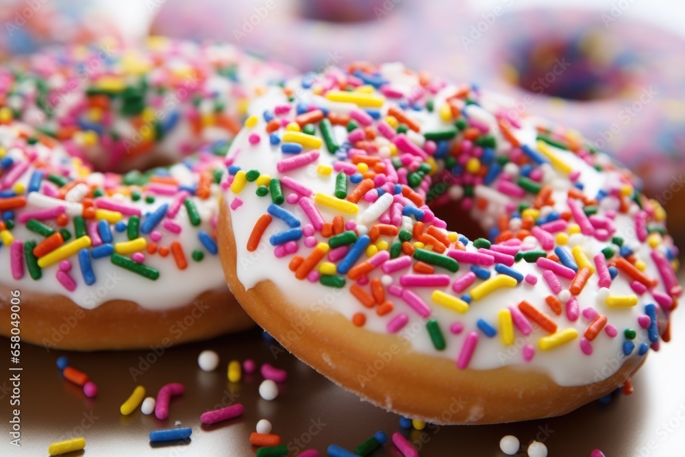 close-up of a donut with rainbow sprinkles close-up of a donut with rainbow sprinkles