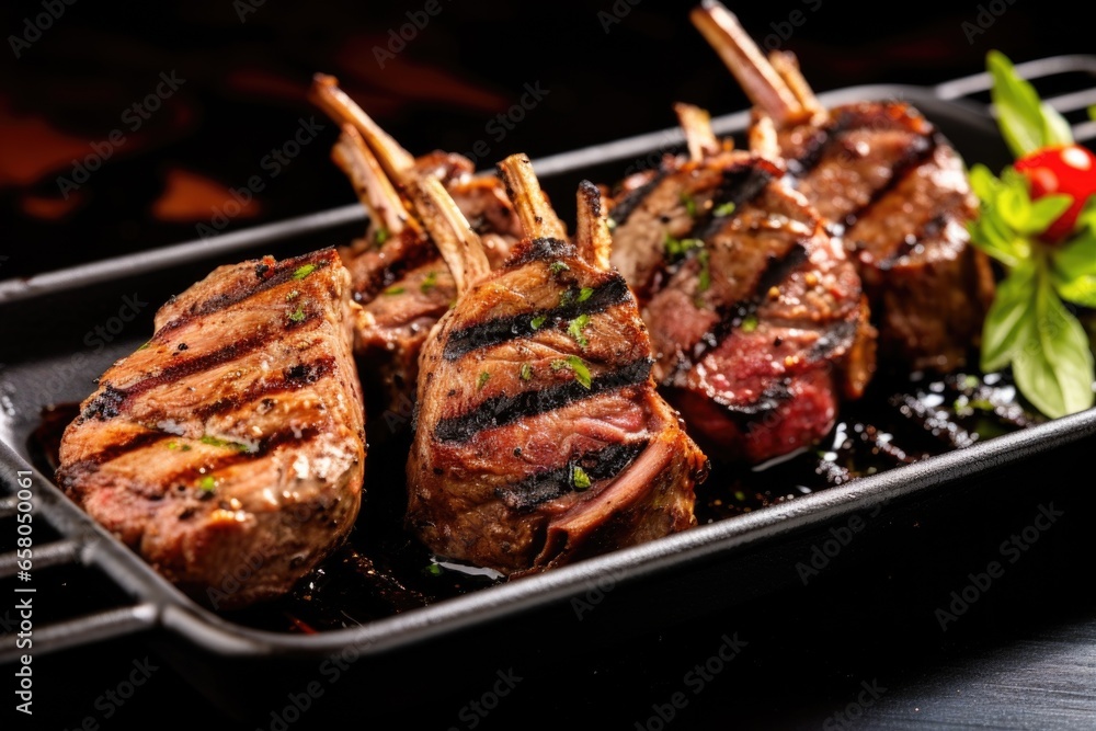 grilled lamb chops on a black serving dish