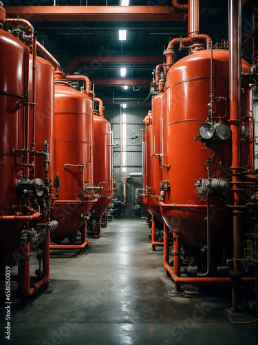 Interior of modern industrial boiler room with large metal tanks and pipes at industry factory.
