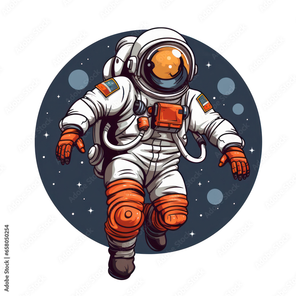 Illustration of an astronaut, space in a circle behind him, isolated or white background Illustration of an astronaut, space in a circle behind him, isolated or white background