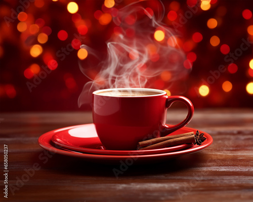 steaming cup of coffee set on a vibrant red plate