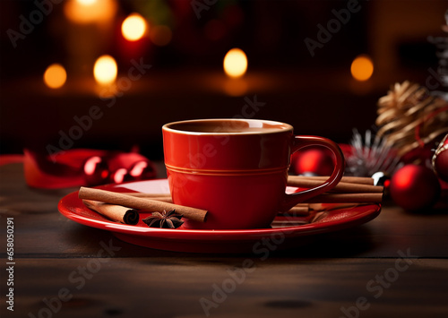 steaming cup of coffee set on a vibrant red plate