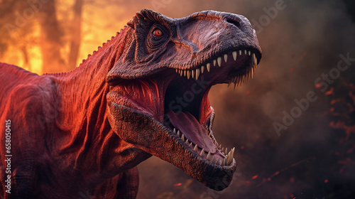 a t rex is walking into the field, in the style of photo illustration © alex