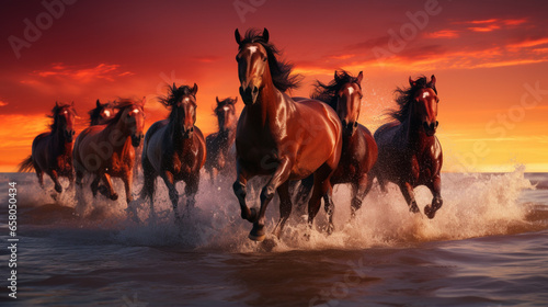 horses run through the ocean at sunset, dark crimson