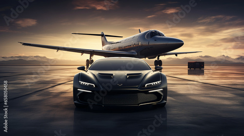 a black luxury sports car parked next to a plane