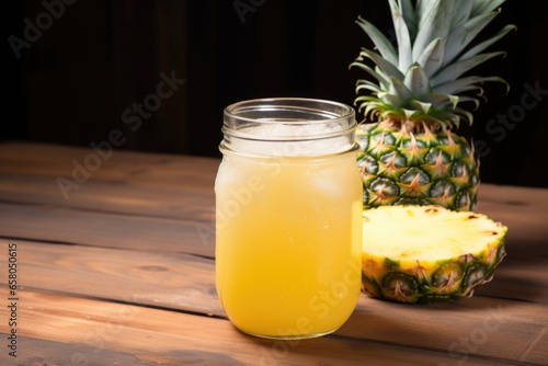 pineapple juice in a mason jar on wooden table