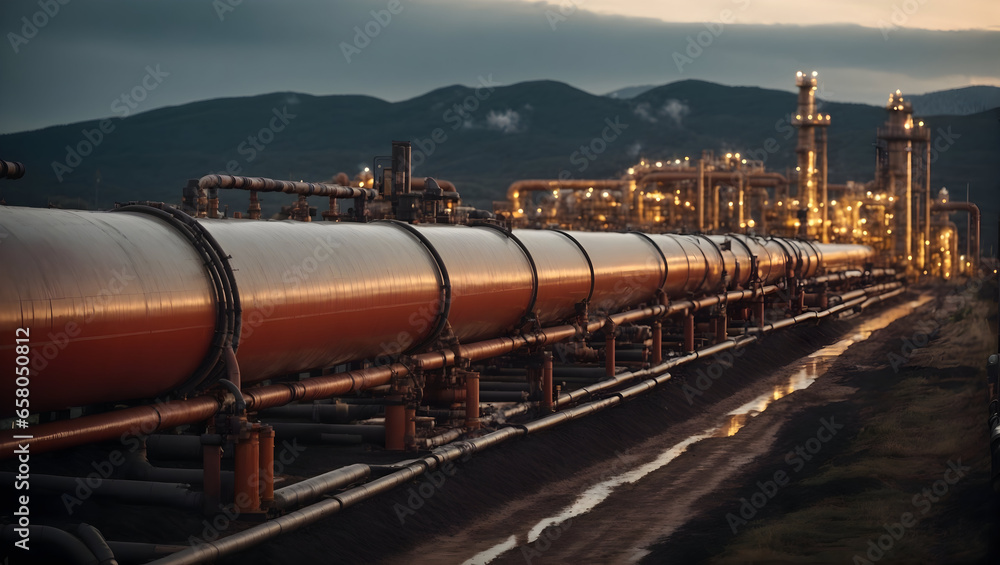 Naklejka premium Interior of modern industrial boiler room with large metal tanks and pipes at industry factory.