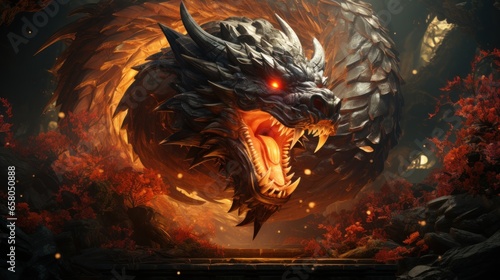 A dragon with an open mouth  an intricate miracle  enchanting lighting. The personification of strength and power.