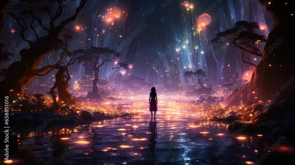 The girl stands in the alluring landscape of a mysterious fairy-tale reality. Glowing forest, lonely trees.