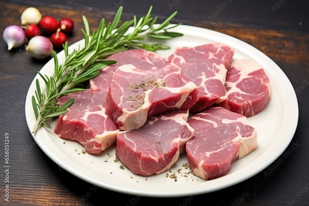 raw lamb cutlets on a plate, coated with a garlic and rosemary mix