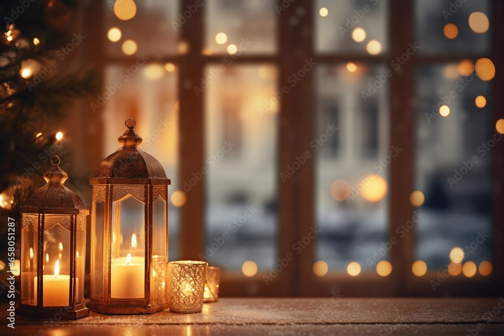 Atmospheric Christmas Ambiance: Candlelight and Blurred Bay Window - obrazy, fototapety, plakaty 