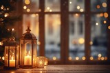 Atmospheric Christmas Ambiance: Candlelight and Blurred Bay Window