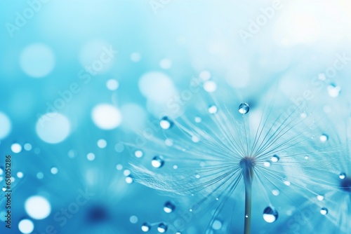 Macro Close-up: Dandelion Seeds in Dew Drops on Blue and Turquoise Background