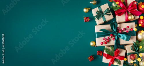 Holiday green background with gift boxes tied with silk ribbons and Christmas decorations. Christmas holiday background.