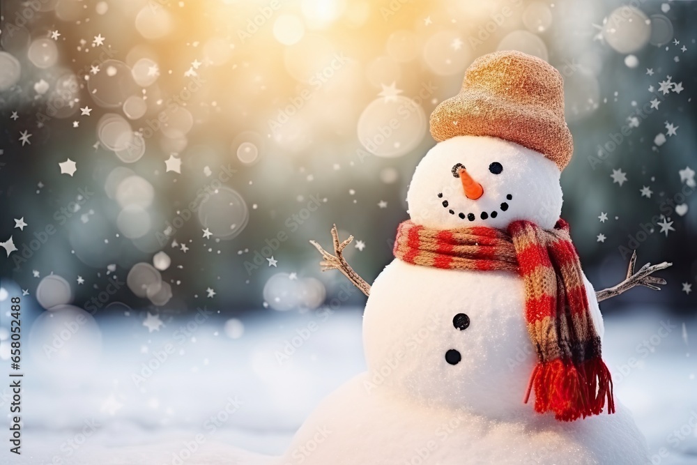 Smiling snowman on snowy bokeh background. Christmas card