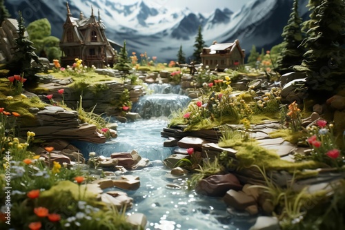 Rivière ou fleuve qui passe au milieu de la campagne, dans la nature avec de la verdure, et des montagnes à l'horizon, mini village miniature, fictif et imaginaire photo