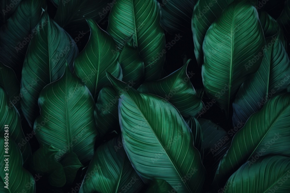 leaves of Spathiphyllum cannifolium, abstract dark green texture, nature background, tropical leaf, Generative AI