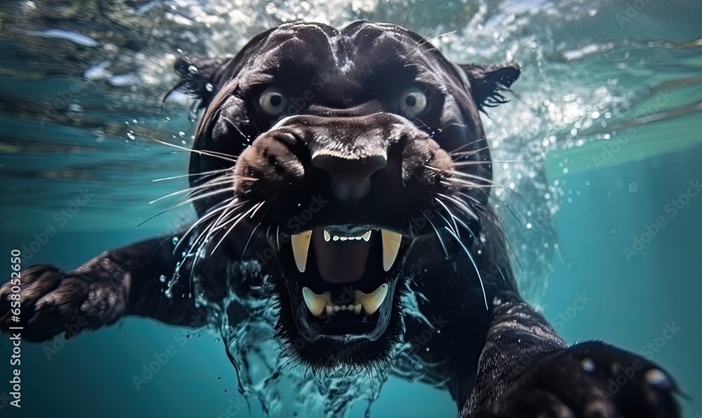 The sight of the black panther's wet fur as it bounded into the water was a true display of strength and grace. - obrazy, fototapety, plakaty 