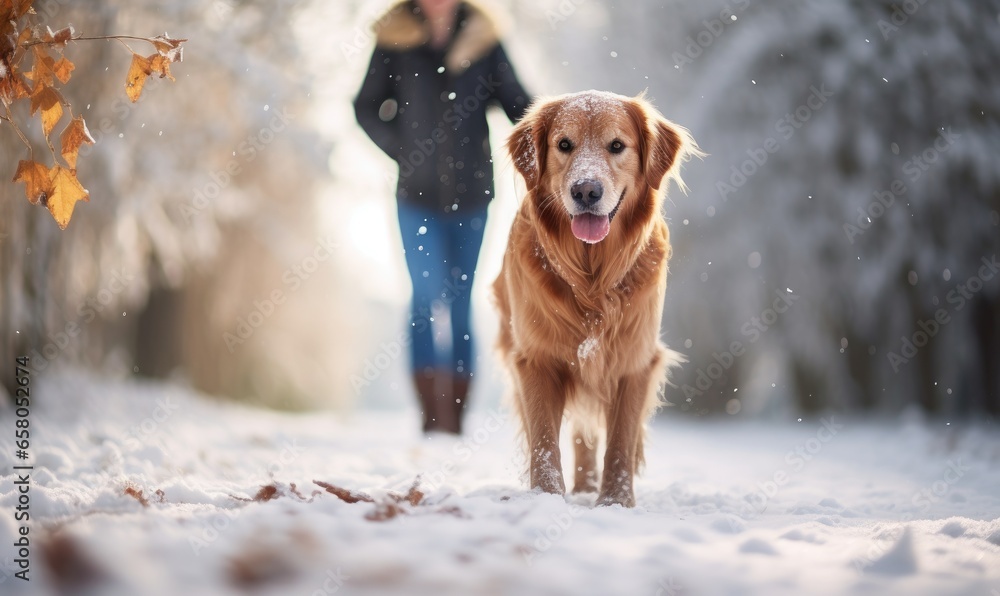 The couple shared a loving smile as they watched their golden retriever playfully chase snowflakes, creating joyful memories in the winter scenery.